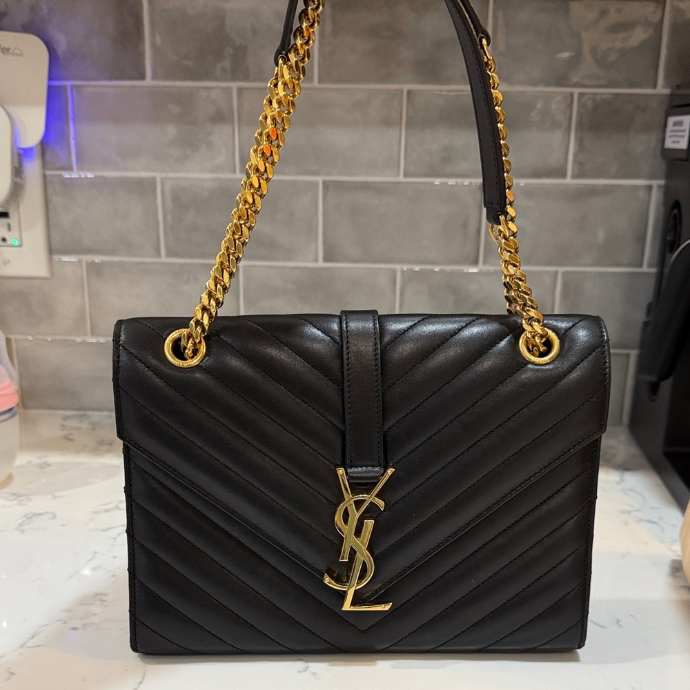 Yves Saint Laurent Black Chevron Shoulder Bag with Gold Chain